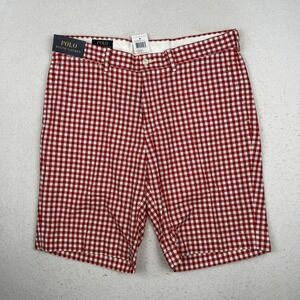Polo Ralph Lauren Shorts Mens 34 Red Gingham Check Chino Flat Front 9 Inseam